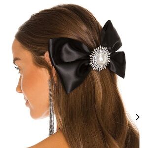 Revolve Lovers and Friends Black Satin Bow Crystals Hair Barette